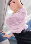  1girl absurdres aircraft airplane airplane_interior arm_up blurry blurry_background blush breasts brown_hair flight_attendant from_below hair_bun highres large_breasts looking_up moriton original pencil_skirt shirt skirt travel_attendant trembling violet_eyes white_shirt 