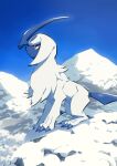  absol bright_pupils claws closed_mouth commentary day from_side gen_3_pokemon highres looking_up makoto_ikemu no_humans outdoors pokemon pokemon_(creature) red_eyes sky snow solo white_fur white_pupils 