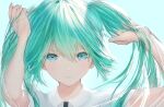  1girl aqua_eyes aqua_hair arms_up bangs collared_shirt hair_between_eyes hatsune_miku light_blue_background looking_at_viewer ojay_tkym parted_lips portrait shiny shiny_hair shirt short_sleeves solo twintails vocaloid white_shirt 