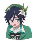  1boy androgynous bangs beret black_hair blue_hair bow braid brooch cape collared_cape commentary_request eyebrows_visible_through_hair flower gem genshin_impact gradient_hair green_eyes green_headwear hair_flower hair_ornament hat highres jewelry leaf looking_to_the_side mabi_(vuwn2437) male_focus multicolored_hair open_mouth shirt short_hair_with_long_locks simple_background smile solo sweatdrop twin_braids venti_(genshin_impact) white_background white_flower white_shirt 