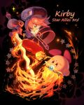 1girl 1other :o anniversary bangs black_background black_dress black_headwear blush_stickers copy_ability copyright_name dress flamberge_(kirby) flaming_sword flaming_weapon hair_between_eyes hat highres holding holding_sword holding_weapon kirby kirby:_star_allies kirby_(series) kouyafu long_sleeves parted_bangs redhead revision sparkle star_(symbol) sword violet_eyes weapon wide_sleeves