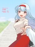  1girl 1other alternate_costume beige_sweater blue_sky bobokuboboku brown_eyes clouds commentary_request dated day dragging hairband kantai_collection long_hair looking_at_viewer outdoors pov short_sleeves shoukaku_(kancolle) silver_hair sky smile stairs twitter_username 