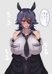  1girl black_neckwear breast_pocket breasts eyepatch highres huge_breasts kantai_collection necktie pocket purple_hair remodel_(kantai_collection) school_uniform shirt short_hair sleeveless sleeveless_shirt solo speech_bubble tenryuu_(kancolle) translation_request white_shirt yellow_eyes yuudadou 