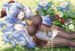  1girl alternate_eye_color arm_support bare_shoulders bell blue_eyes blue_hair bodysuit bodysuit_under_clothes breasts brown_bodysuit collarbone commentary covered_navel cowbell english_commentary flower from_above ganyu_(genshin_impact) genshin_impact goat_horns grass hair_between_eyes holding holding_flower horns large_breasts long_hair looking_at_viewer open_mouth piukute062 sitting smile solo 