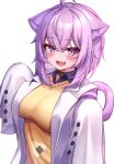  1girl :d absurdres ahoge alternate_costume animal_ear_fluff animal_ears black_choker blush breasts cat_ears cat_tail choker deaver eyebrows_visible_through_hair fang hair_between_eyes highres hololive jacket large_breasts long_sleeves looking_at_viewer nekomata_okayu open_mouth purple_hair short_hair simple_background sleeves_past_fingers sleeves_past_wrists smile solo sweater tail violet_eyes virtual_youtuber white_background white_jacket yellow_sweater 