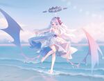  1girl alternate_costume barefoot blue_archive blush breasts day dress fang hair_ribbon halo highres hina_(blue_archive) horns leg_up long_hair low_wings multiple_horns nishiki_koi open_mouth outdoors ponytail ribbon skirt_hold sky small_breasts solo very_long_hair violet_eyes water wet white_dress white_hair wings 
