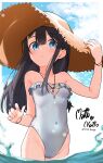  1girl artist_name black_hair blue_eyes blue_sky breasts casual_one-piece_swimsuit clouds commentary_request covered_navel dated day hair_ornament hairclip hat highleg highleg_swimsuit highres long_hair looking_at_viewer motto_notto one-piece_swimsuit original outdoors sky small_breasts solo straw_hat sun_hat swimsuit thai_commentary water white_swimsuit 