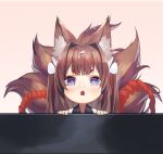  1girl amagi-chan_(azur_lane) animal_ear_fluff animal_ears azur_lane bangs blush brown_hair chestnut_mouth commentary_request fox_ears fox_girl fox_tail long_hair looking_at_viewer multiple_tails rope shimenawa shimotsuki_shio short_eyebrows solo tail thick_eyebrows twintails violet_eyes 
