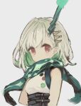  1225ka 1girl bangs blush covered_mouth green_hair grey_background grey_hair hair_ornament hairclip highres little_match_girl_(sinoalice) looking_at_viewer multicolored_hair parted_bangs red_eyes ribbon scarf simple_background sinoalice sketch solo two-tone_hair 
