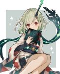  1225ka 1girl bangs blush book border covering_mouth green_hair hair_ornament hairclip highres holding holding_book japanese_clothes kimono little_match_girl_(sinoalice) looking_at_viewer red_eyes scarf short_hair simple_background sinoalice sitting solo sparkle 