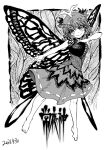  1girl antennae barefoot butterfly_wings dated dot_nose dress eternity_larva eyebrows_visible_through_hair greyscale hair_between_eyes heran_hei_mao hidden_star_in_four_seasons leaf monochrome outstretched_arm short_hair smile solo touhou translation_request wings 