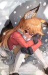  1girl animal_ear_fluff animal_ears bangs black_footwear black_gloves blonde_hair blush bow bowtie brown_eyes closed_mouth extra_ears eyebrows_visible_through_hair ezo_red_fox_(kemono_friends) fox_ears fox_tail frown fur-trimmed_sleeves fur_trim gloves gradient gradient_hair gradient_legwear highres jacket kemono_friends leg_hug long_hair long_sleeves looking_at_viewer melaton miniskirt multicolored_hair orange_jacket orange_legwear pantyhose pleated_skirt shoes sitting skirt snowing solo tail white_hair white_legwear white_neckwear white_skirt 