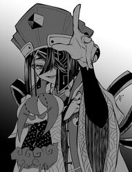  1girl breasts bridal_gauntlets chikage_(blackclownery) chinese_clothes doll fate/grand_order fate_(series) greyscale hair_ornament hair_over_one_eye hairpin hat highres holding holding_doll long_sleeves looking_at_viewer mole mole_under_eye monochrome open_mouth robe short_hair small_breasts smile stuffed_toy wide_sleeves xu_fu_(fate) yu_mei-ren_(fate) 