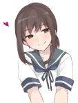  1girl blue_sailor_collar blush brown_hair closed_mouth eyebrows_visible_through_hair fubuki_(kancolle) green_eyes heart highres hiroi09 kantai_collection sailor_collar school_uniform serafuku short_hair short_ponytail short_sleeves simple_background smile solo upper_body white_background 