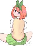  1girl bangs blue_eyes blush collared_shirt commentary eyebrows_behind_hair from_behind go-toubun_no_hanayome green_ribbon green_skirt hair_between_eyes hair_ribbon highres kujou_karasuma looking_at_viewer looking_back nakano_yotsuba pleated_skirt ribbon shirt short_sleeves signature simple_background sitting skirt solo spread_legs sweater_vest symbol_commentary white_background white_shirt 