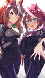  2girls alternate_costume animal_ears black_pants blue_eyes blush brown_hair buttons eyebrows_visible_through_hair formal hair_between_eyes high_ponytail highres horse_ears horse_girl horse_tail long_hair long_sleeves multiple_girls open_mouth pants smile sparkle suit symboli_rudolf_(umamusume) tail tokai_teio_(umamusume) uenoryoma umamusume upper_teeth violet_eyes white_hair 