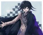  1boy bangs black_cape black_eyes black_hair border cape checkered checkered_background checkered_scarf copyright_name dangan_ronpa_(series) dangan_ronpa_v3:_killing_harmony grey_background grey_jacket hair_between_eyes hand_up iumi_urura jacket long_sleeves looking_at_viewer male_focus multicolored_hair open_mouth ouma_kokichi pale_skin purple_hair scarf smile solo straitjacket teeth two-tone_hair upper_body white_border 