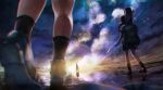  1girl 2girls arm_up blurry blurry_foreground clenched_hand clouds guitar_case highres instrument_case long_hair multiple_girls original outdoors reflection ripples skirt sky socks star_(sky) starry_sky suzusaki6 waving 