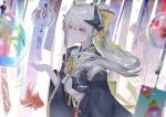  1girl bangs black_kimono blush breasts commentary dmith dragon_girl dragon_horns fate/grand_order fate_(series) horns japanese_clothes kimono kiyohime_(fate) long_hair long_sleeves medium_breasts multiple_horns obi ponytail red_eyes sash white_hair wide_sleeves wind_chime 