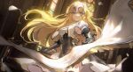 1girl absurdres armor armored_dress bangs blonde_hair blue_eyes blush breasts chain collar dress fate/apocrypha fate/grand_order fate_(series) faulds flag gauntlets headpiece highres jeanne_d&#039;arc_(fate) jeanne_d&#039;arc_(fate)_(all) large_breasts long_hair looking_at_viewer metal_collar plackart smile very_long_hair white_dress yakumo_1041624199 