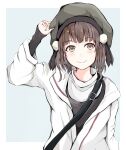  1girl beret black_headwear black_shirt border brown_eyes brown_hair commentary_request dairyo3 grey_background hat highres jacket kantai_collection looking_at_viewer naka_(kancolle) official_alternate_costume shirt short_hair solo strap sweater two-tone_background upper_body white_border white_jacket white_sweater 