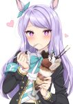  1girl animal_ears aqua_bow black_jacket blush bow buttons eating eyebrows_visible_through_hair food food_on_face heart holding holding_spoon horse_ears horse_girl jacket long_hair long_sleeves mejiro_mcqueen_(umamusume) nanao_(naoekaki25) purple_hair simple_background solo spoon umamusume upper_body utensil_in_mouth violet_eyes white_background 