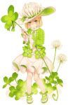  1girl amamiya_chiharu blonde_hair clover clover_(flower) flower four-leaf_clover green_eyes hat holding medium_hair original simple_background solo white_background white_clover 