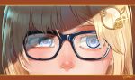  1girl bangs bespectacled blue_eyes close-up eyebrows_visible_through_hair glasses hair_ornament highres hololive hololive_english kikino monocle_hair_ornament nose shaded_face shiny solo virtual_youtuber watson_amelia 