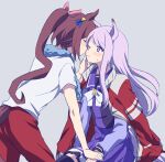  2girls absurdres animal_ears brown_hair cheek_kiss closed_eyes grey_background hair_ribbon highres horse_ears horse_girl horse_tail jacket jacket_on_shoulders kiss long_hair looking_at_another mejiro_mcqueen_(umamusume) mizin_kosutin multiple_girls one_eye_closed pink_ribbon ponytail purple_hair red_jacket ribbon school_uniform simple_background sitting tail tokai_teio_(umamusume) towel towel_around_neck track_jacket umamusume violet_eyes yuri 