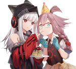  2girls am1m animal_ears arknights bangs bare_shoulders black_headwear black_vest blue_gloves cake commentary feeding food fox_ears frostleaf_(arknights) glasses gloves grey_shirt hat highres holding holding_plate jacket long_hair long_sleeves looking_at_viewer may_(arknights) multiple_girls off-shoulder_shirt off_shoulder party_hat plate red_eyes red_jacket shirt silver_hair simple_background smile sweater_vest upper_body vest white_background 