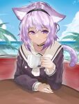  1girl absurdres animal_ear_fluff animal_ears bangs black_hairband blu_(1712) breasts cat_ears cat_girl cat_tail clouds coffee_cup cup disposable_cup eyebrows_visible_through_hair hairband hand_on_table highres holding holding_cup hololive medium_breasts nekomata_okayu official_alternate_costume palm_tree sailor_collar short_hair sitting sky solo tail tree violet_eyes virtual_youtuber 