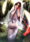  1girl ass bangs black_hair blush breasts fate/grand_order fate_(series) japanese_clothes jikihatiman kimono large_breasts long_hair long_sleeves looking_at_viewer looking_back miss_crane_(fate) multicolored_hair redhead sidelocks smile two-tone_hair violet_eyes wet wet_clothes white_kimono wide_sleeves 