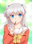  1girl blue_eyes charlotte_(anime) facing_viewer food highres hoshinoumi_academy_uniform looking_at_viewer misaki_juri pocky red_shirt sailor_collar school_uniform serafuku shirt sideways_glance silver_hair solo tomori_nao twitter_username two_side_up upper_body white_sailor_collar 