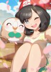  1girl ;d absurdres bangs basket beanie blush brown_hair clouds commentary_request day eyelashes floral_print gen_7_pokemon green_shorts grey_eyes hat highres knees_together looking_at_viewer one_eye_closed open_mouth outdoors petals pokemon pokemon_(creature) pokemon_(game) pokemon_sm red_headwear rowlet selene_(pokemon) shiny shiny_skin shirt short_sleeves shorts sky smile starter_pokemon t-shirt taisa_(lovemokunae) tongue upper_teeth 