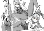  1girl animal_ears ass bow bowtie breasts brown_eyes bunny_tail c.c. code_geass detached_collar eating eye_focus fake_animal_ears fake_tail hairband highleg highleg_leotard highres holding kawakami_rokkaku leotard long_hair looking_at_viewer lying monochrome multiple_views navel on_side parted_lips pizza_slice playboy_bunny rabbit_ears reclining side-tie_leotard simple_background sitting small_breasts smile spot_color spread_legs tail thigh_gap very_long_hair white_background 