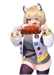  1girl absurdres animal_ear_fluff arknights bangs black_nails blonde_hair blush breasts cowboy_shot dress eating eyebrows_visible_through_hair fingernails food grey_dress grey_sweater hair_ornament hairclip highres holding holding_food jacket large_breasts long_sleeves looking_at_viewer mari0ball meat open_clothes open_jacket purple_legwear short_dress short_hair solo sweater sweater_dress thigh-highs utage_(arknights) violet_eyes white_jacket zettai_ryouiki 