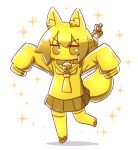  1girl animal_ear_fluff animal_ears bangs bell collar commentary_request eyebrows_visible_through_hair fox_ears fox_girl fox_tail full_body gold hair_between_eyes hair_bun hair_ornament hands_up highres jingle_bell kemomimi-chan_(naga_u) long_sleeves looking_at_viewer naga_u neck_bell original outstretched_arms pleated_skirt sailor_collar shadow shirt skirt sleeves_past_fingers sleeves_past_wrists solo sparkle standing standing_on_one_leg tail thigh-highs v-shaped_eyebrows white_background zouri 