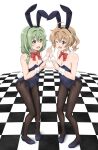  2girls animal_ears bare_shoulders black_legwear black_leotard bow bowtie brown_eyes brown_hair bunny_tail checkered checkered_floor detached_collar eye_contact fishnet_legwear fishnets full_body green_hair hair_over_shoulder heart heart_hands heart_hands_duo high_school_fleet highres hiraizumi_(mugenkidousha) holding_hands leotard long_hair looking_at_another multiple_girls nagasawa_kimie one_eye_closed pantyhose playboy_bunny rabbit_ears red_neckwear sakakibara_tsumugi short_hair simple_background standing strapless strapless_leotard tail twintails white_background wrist_cuffs yellow_eyes 