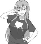  1girl breasts greyscale hair_ornament hairclip hand_on_hip hatching_(texture) highres kantai_collection large_breasts long_hair monochrome shirt solo suzuya_(kancolle) t-shirt takaman_(gaffe) upper_body v 