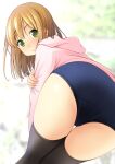  1girl ass bangs bent_over black_legwear blonde_hair blue_swimsuit blurry blurry_background blush closed_mouth commentary_request depth_of_field drawstring eyebrows_visible_through_hair from_behind green_eyes highres hood hood_down hoodie long_sleeves looking_at_viewer looking_back original pink_hoodie school_swimsuit shibacha solo swimsuit swimsuit_under_clothes thigh-highs 