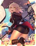  1girl absurdres ahoge ass bangs bare_legs black_jacket boots fate/grand_order fate_(series) fire flag hair_between_eyes highres holding holding_flag holding_weapon jacket jeanne_d&#039;arc_(alter)_(fate) jeanne_d&#039;arc_(fate)_(all) looking_at_viewer looking_back short_hair shorts silver_hair solo tia_(cocorosso) weapon wicked_dragon_witch_ver._shinjuku_1999 yellow_eyes 