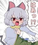  1girl ^^^ animal_ears blush capelet commentary_request emphasis_lines grey_hair hand_up jewelry long_sleeves mouse_ears mouse_tail nazrin open_mouth pendant red_eyes shiozaki16 shirt short_hair solo sweat tail touhou white_background white_shirt 