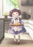  1girl apple_pie apron blue_dress brown_eyes brown_footwear brown_hair child dress food full_body highres indoors kitchen long_hair maid open_mouth original pantyhose pie ribbon shoes smile solo tray twintails white_apron white_legwear window 