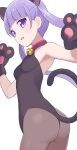  1girl animal_ears ass bell black_gloves black_leotard blush breasts brown_legwear cat_ears cat_tail choker eyebrows_visible_through_hair gloves highres hiroki_(yyqw7151) jingle_bell leotard long_hair new_game! pantyhose paw_gloves paws purple_hair red_choker simple_background small_breasts solo suzukaze_aoba tail twintails violet_eyes white_background 
