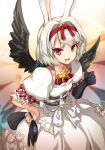  1girl :d animal_ears bangs black_gloves black_wings blurry collarbone depth_of_field dress eyebrows_visible_through_hair feathered_wings frills gloves hairband highres holding looking_at_viewer open_mouth plus_(virtuareal) puffy_short_sleeves puffy_sleeves rabbit_ears red_eyes short_hair short_sleeves smile solo tauyuki_saema virtuareal white_dress white_hair wings 