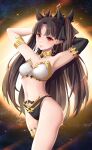  1girl armpits arms_up asymmetrical_sleeves bangs bikini black_ribbon breasts brown_hair crown detached_collar detached_sleeves earrings fate/grand_order fate_(series) hair_ribbon highres ishtar_(fate) ishtar_(fate)_(all) jewelry long_hair looking_at_viewer medium_breasts navel parted_bangs red_eyes ribbon rinko_riban single_detached_sleeve single_sleeve solo standing strapless strapless_bikini swimsuit two_side_up 