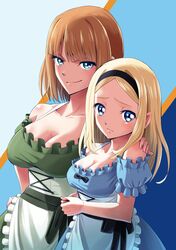  2girls absurdres aleksandra_i._pokryshkin bare_shoulders blonde_hair blue_eyes blush brave_witches breasts brown_hair closed_mouth collarbone dirndl german_clothes gundula_rall hair_ornament hairband hand_on_another&#039;s_shoulder hase_popopo highres large_breasts looking_at_viewer medium_breasts multiple_girls shiny shiny_hair shiny_skin short_hair simple_background smile world_witches_series 