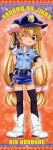  1girl ;p absurdres character_name copyright_name gun hair_bobbles hair_ornament highres huge_filesize kodomo_no_jikan kokonoe_rin long_hair long_image official_art one_eye_closed police police_uniform poster_(medium) scan solo stick_poster thigh-highs tongue tongue_out uniform very_long_hair weapon 