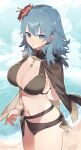  1girl absurdres bangs bikini blue_eyes blue_hair blush breasts byleth_(fire_emblem) byleth_eisner_(female) closed_mouth dagger fire_emblem fire_emblem:_three_houses fire_emblem_heroes flower fm_r3dslov3 hair_ornament highres large_breasts long_hair looking_at_viewer medium_hair navel short_hair simple_background solo swimsuit weapon white_background 