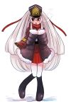  1girl altair_(re:creators) bangs black_coat black_footwear blush boots breath coat cold crossed_bangs fur_trim hair_between_eyes hat highres knee_boots knees_together_feet_apart long_hair long_sleeves looking_away looking_to_the_side miniskirt open_mouth pie_(aipiepi) pleated_skirt re:creators red_eyes red_scarf red_skirt scarf sideways_glance skirt sleeves_past_wrists smile solo very_long_hair white_background white_hair 